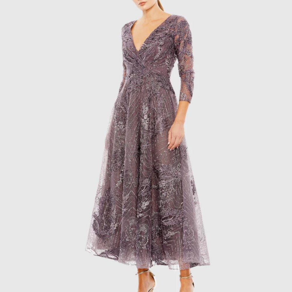 Mac Duggal Purple Embellished Wrap Over 3/4 Sleeve Dress Aubergine Beaded Dress